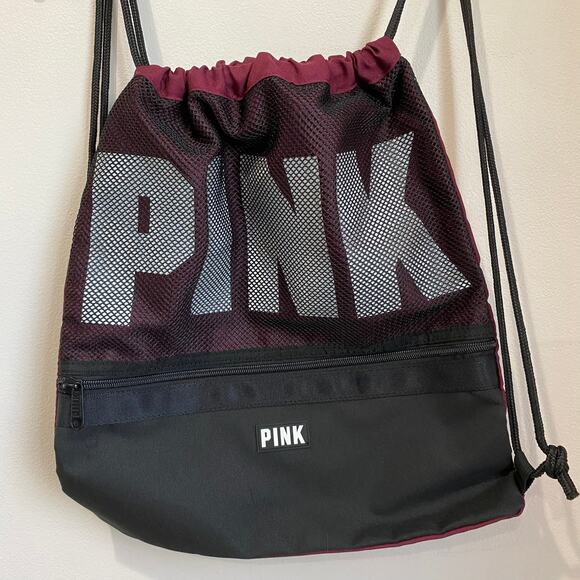 Victoria's Secret Pink MAROON Drawstring Backpack Bag Tote Duffle Gym Mesh - Picture 1 of 4